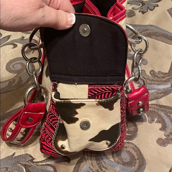 Studded Cross Design Red and Tan Women's Bag - Picture 7 of 9